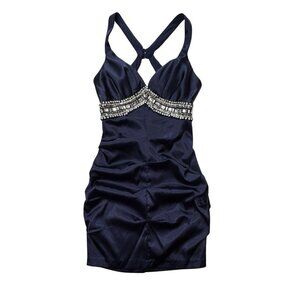 B. DARLEN BodyCon Skim Prom Dress Juniors Size 1/2 Navy Rhinestones Straps Party